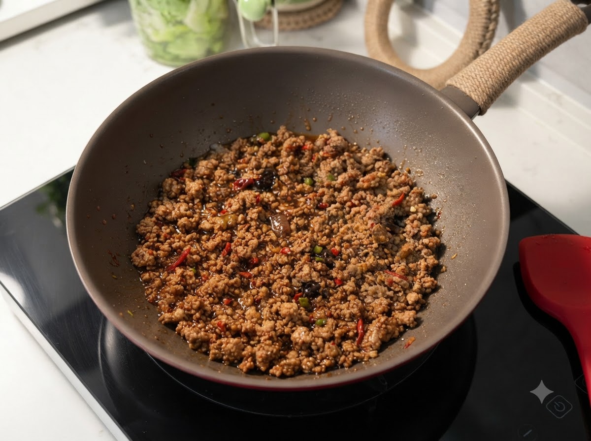 Du porc haché mijotant dans une sauce brune savoureuse à lintérieur dun wok rouge.