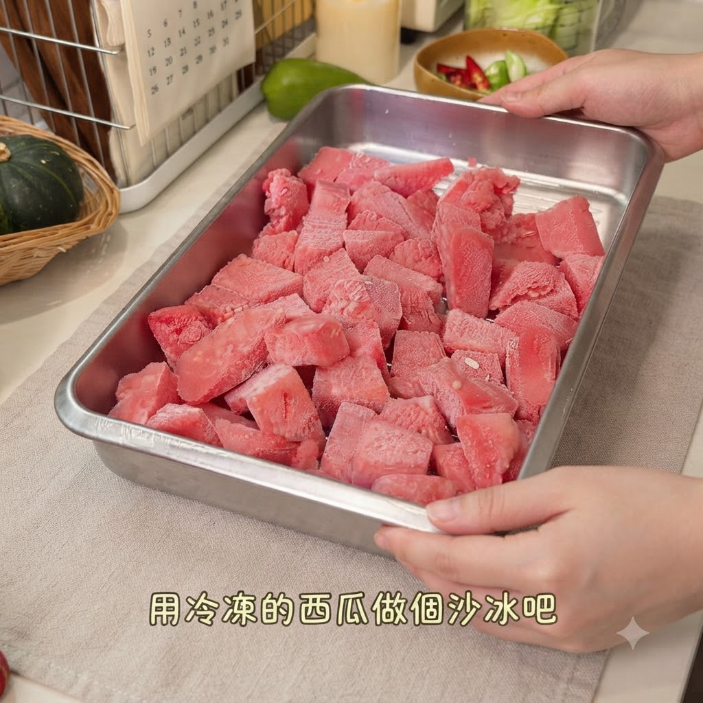 Un plateau en métal rempli de cubes de pastèque congelés rouge vif tenus par deux mains.