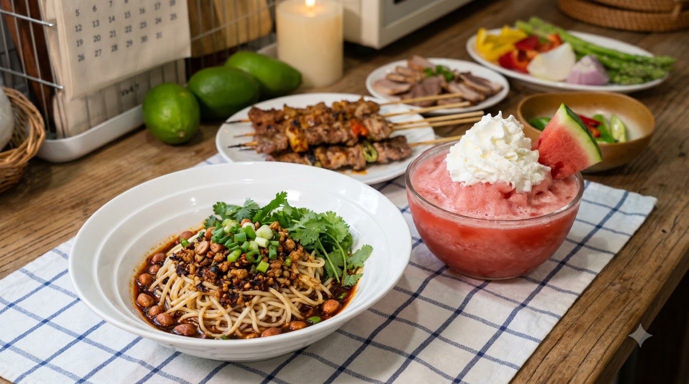 Poitrine de porc façon Teppanyaki, nouilles au porc haché et granité à la pastèque