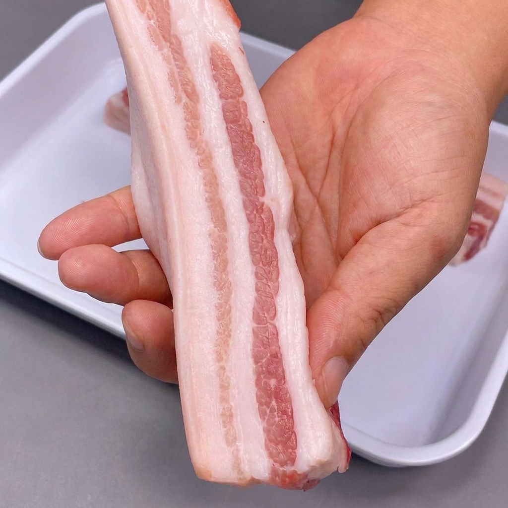 Lanières de poitrine de porc avec peau trempant dans un récipient blanc rempli de vinaigre blanc.