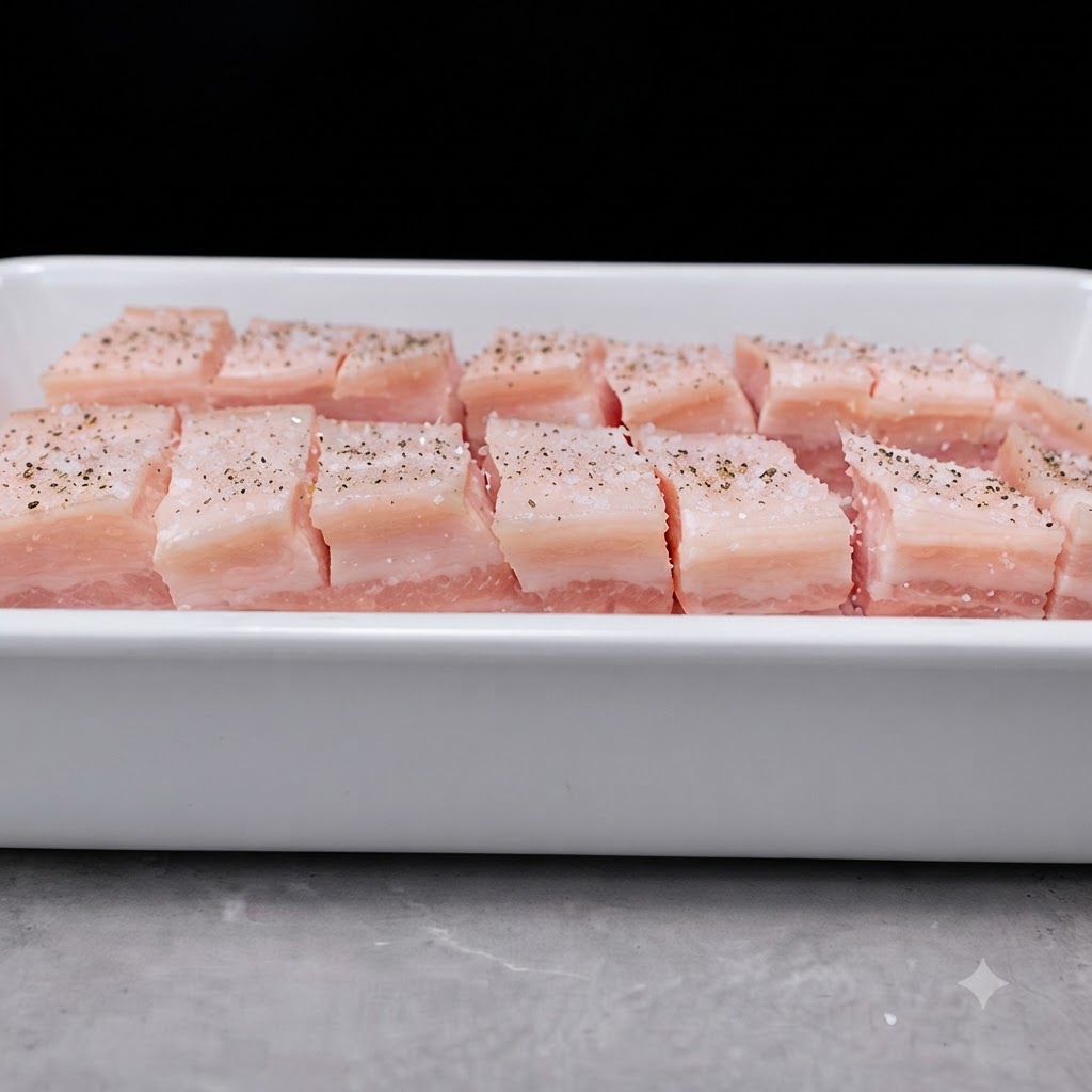 Lanières de poitrine de porc quadrillées disposées dans un plateau blanc, généreusement assaisonnées de sel marin et de poivre noir.