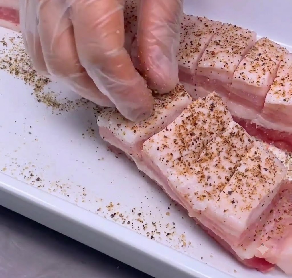 Mains gantées massant profondément le sel et le poivre dans les coupes quadrillées de la poitrine de porc.