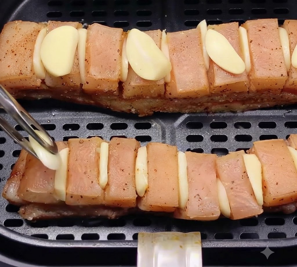 Des pinces plaçant des tranches dail frais directement sur les lanières de poitrine de porc à lintérieur dun panier dair fryer.