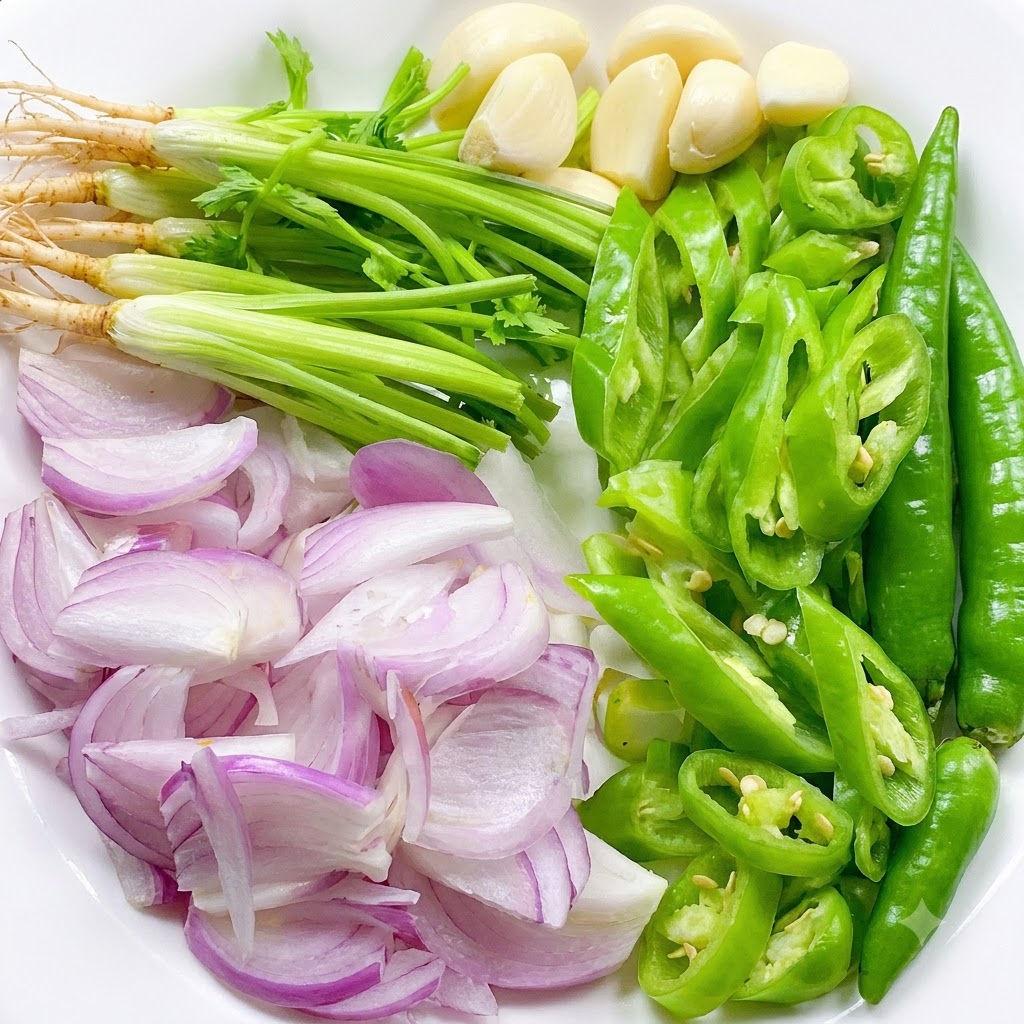 Racines de coriandre fraîches, piments verts tranchés, échalotes tranchées et gousses dail entières disposés proprement sur une assiette blanche.