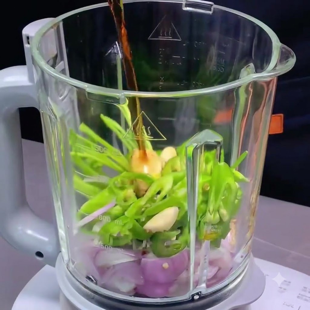 Assaisonnements liquides versés dans le bol du mixeur contenant les piments, les échalotes et lail hachés.