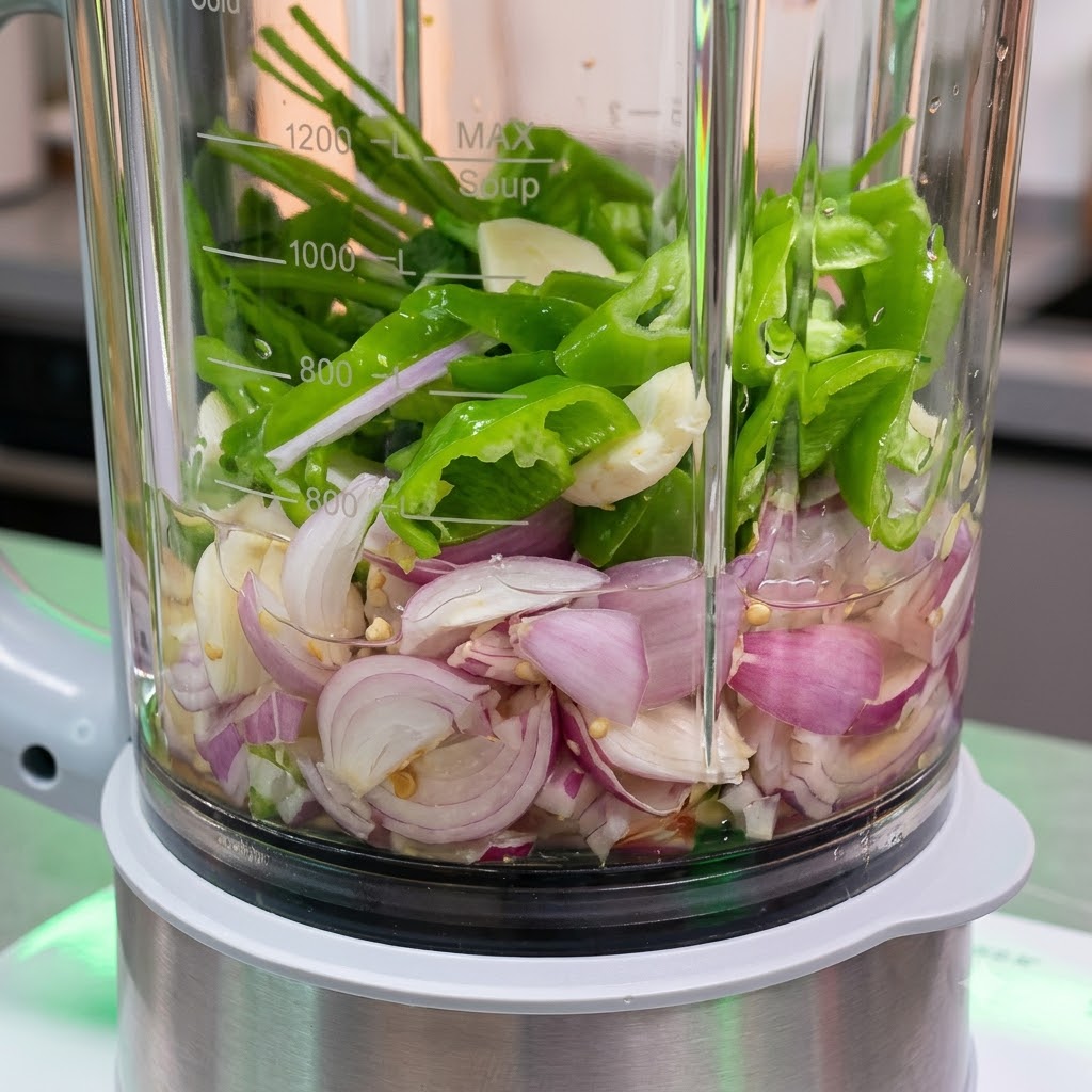 Les ingrédients de la sauce dip de style thaïlandais reposant à lintérieur du bol du robot culinaire avant dêtre mixés.
