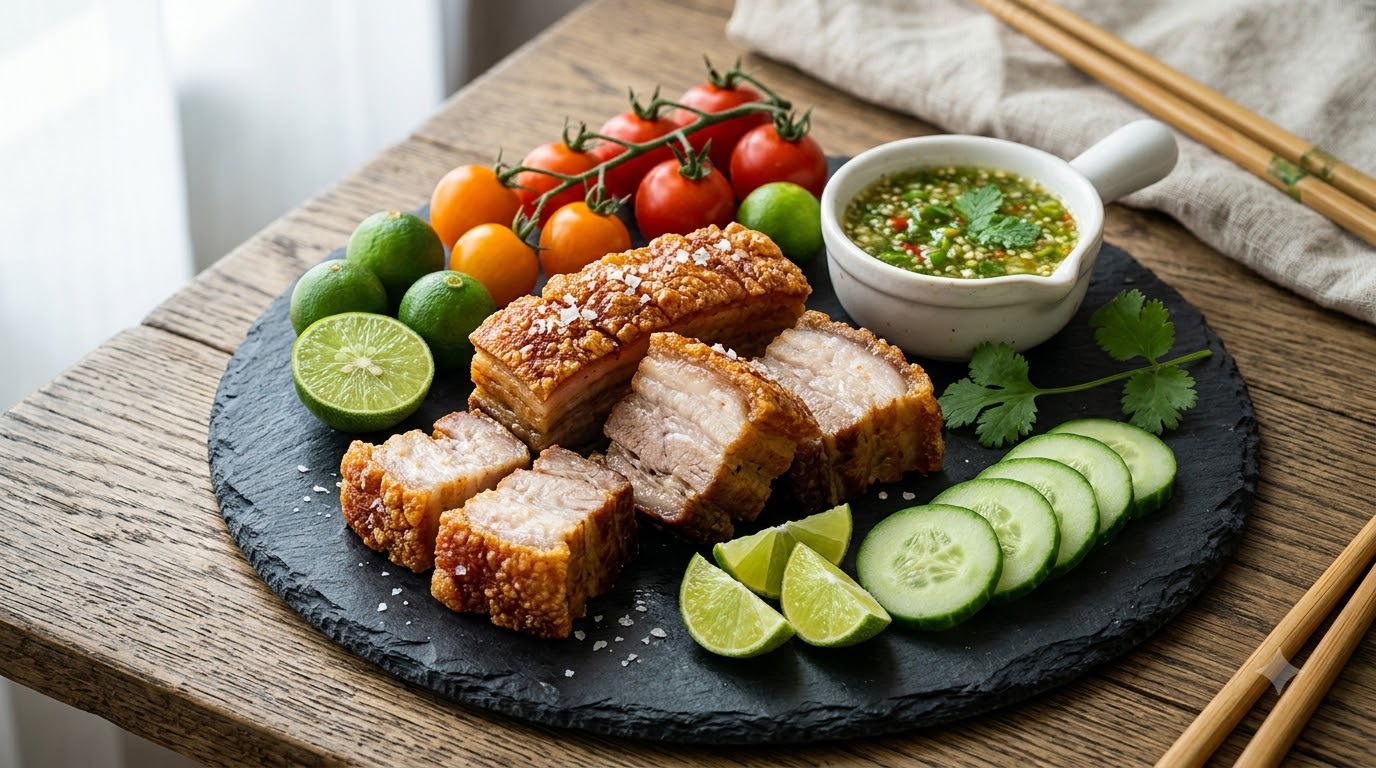 Poitrine de Porc croustillante à la thaïlandaise avec sauce au piment vert