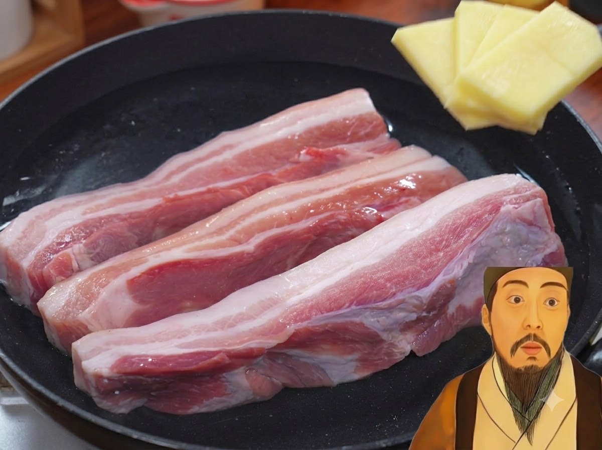 Des lanières de poitrine de porc mijotant dans une casserole deau avec des tranches de gingembre.