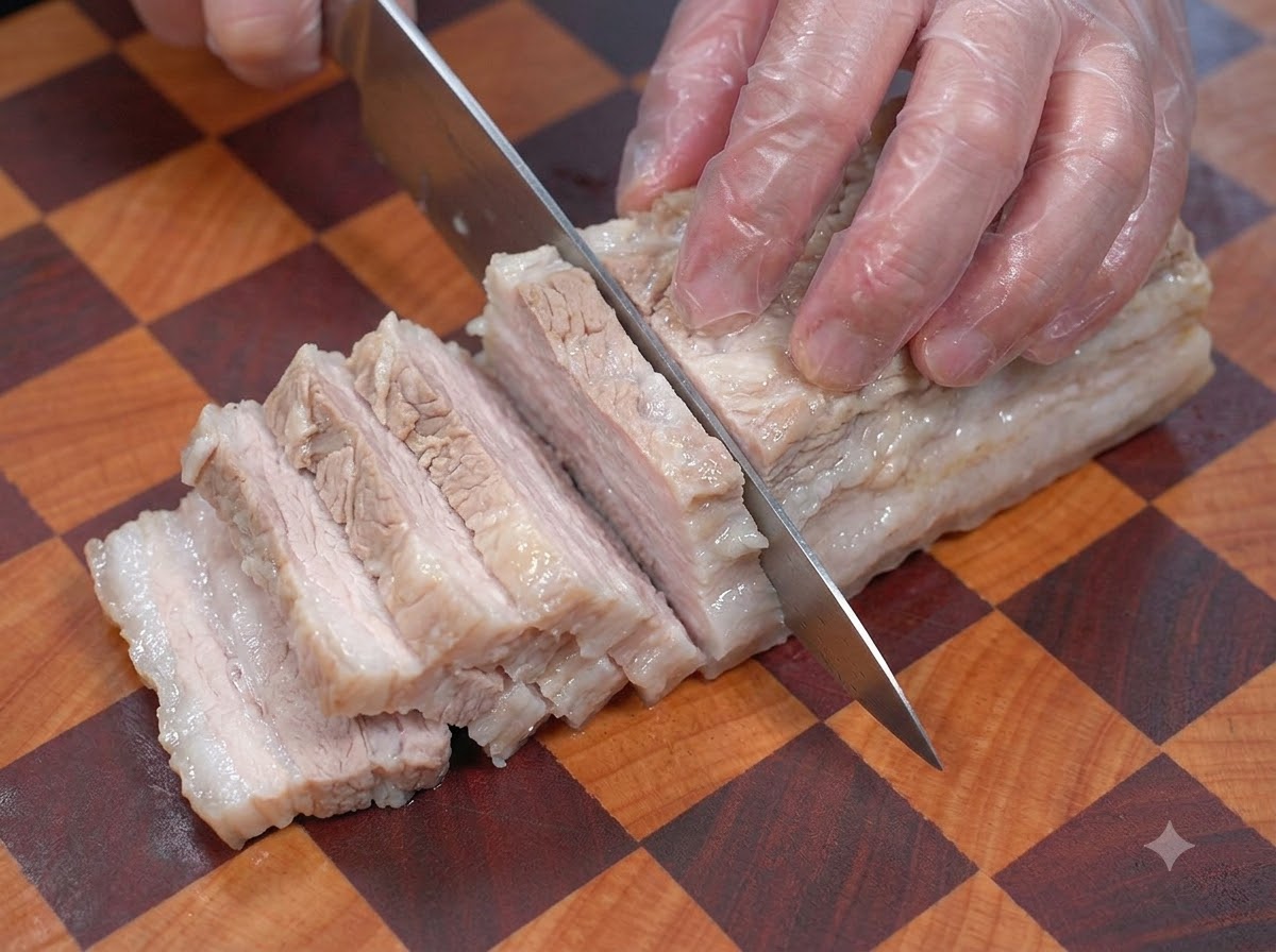 Un couteau faisant des entailles parallèles sur la surface dun morceau de poitrine de porc bouilli sur une planche à découper en bois.