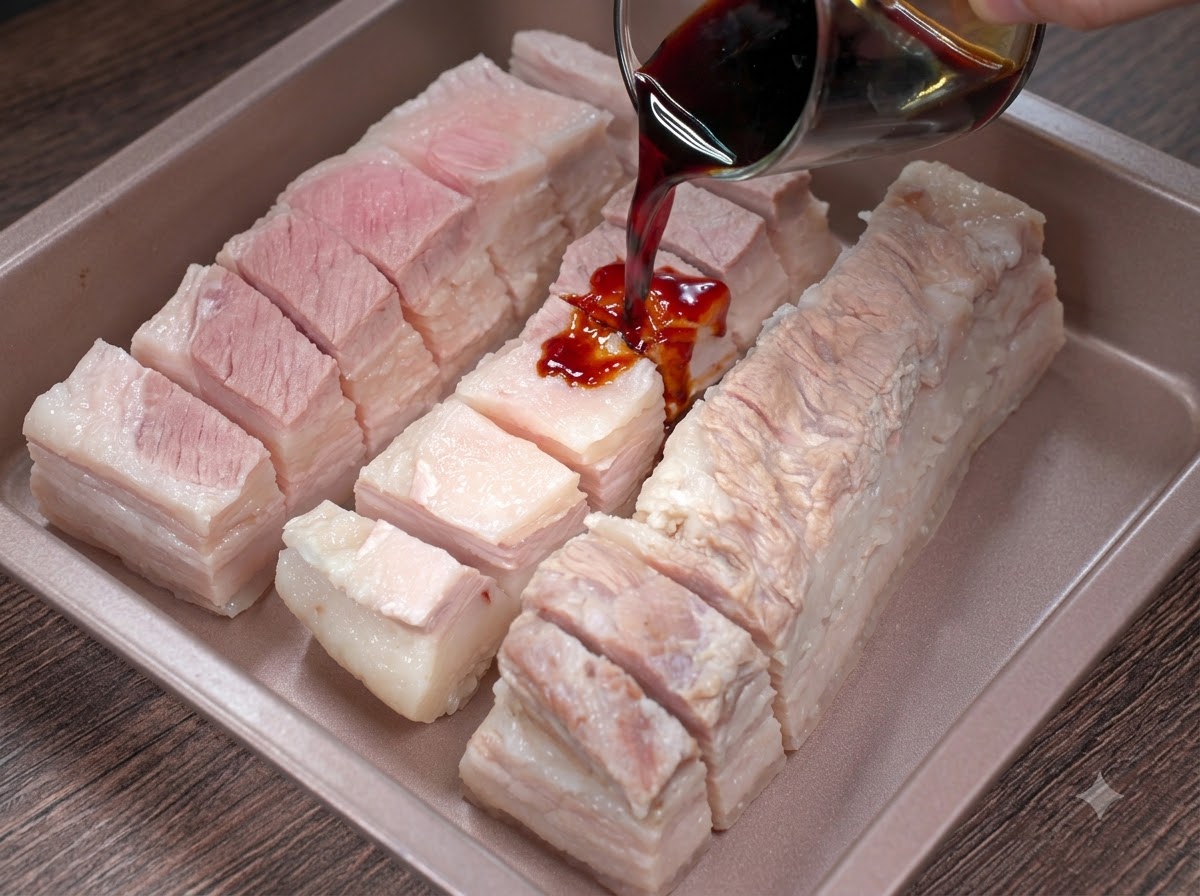 Une sauce foncée versée dun récipient en verre sur des lanières de poitrine de porc incisées disposées dans un plateau.