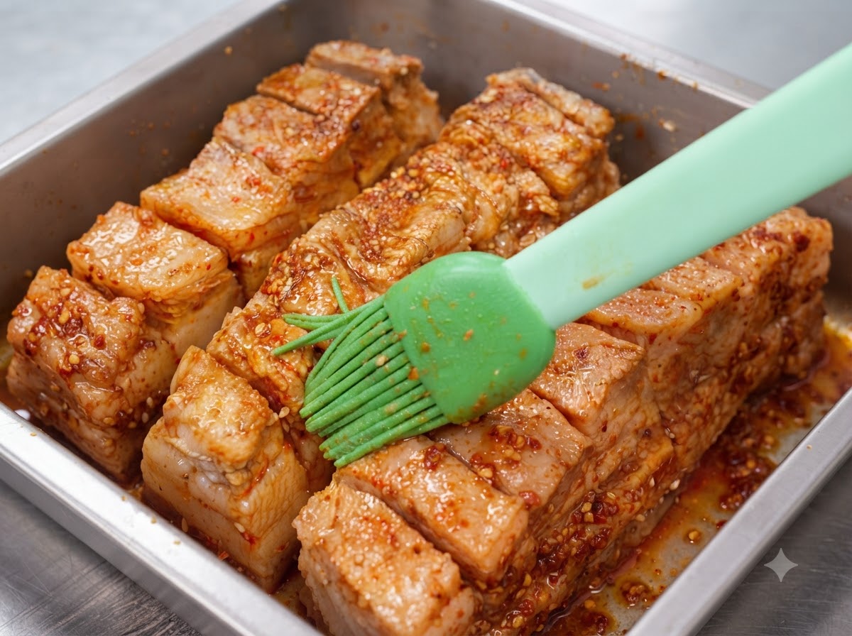 Un pinceau en silicone vert appliquant de la sauce uniformément sur la surface de lanières de poitrine de porc marinées dans un plateau.