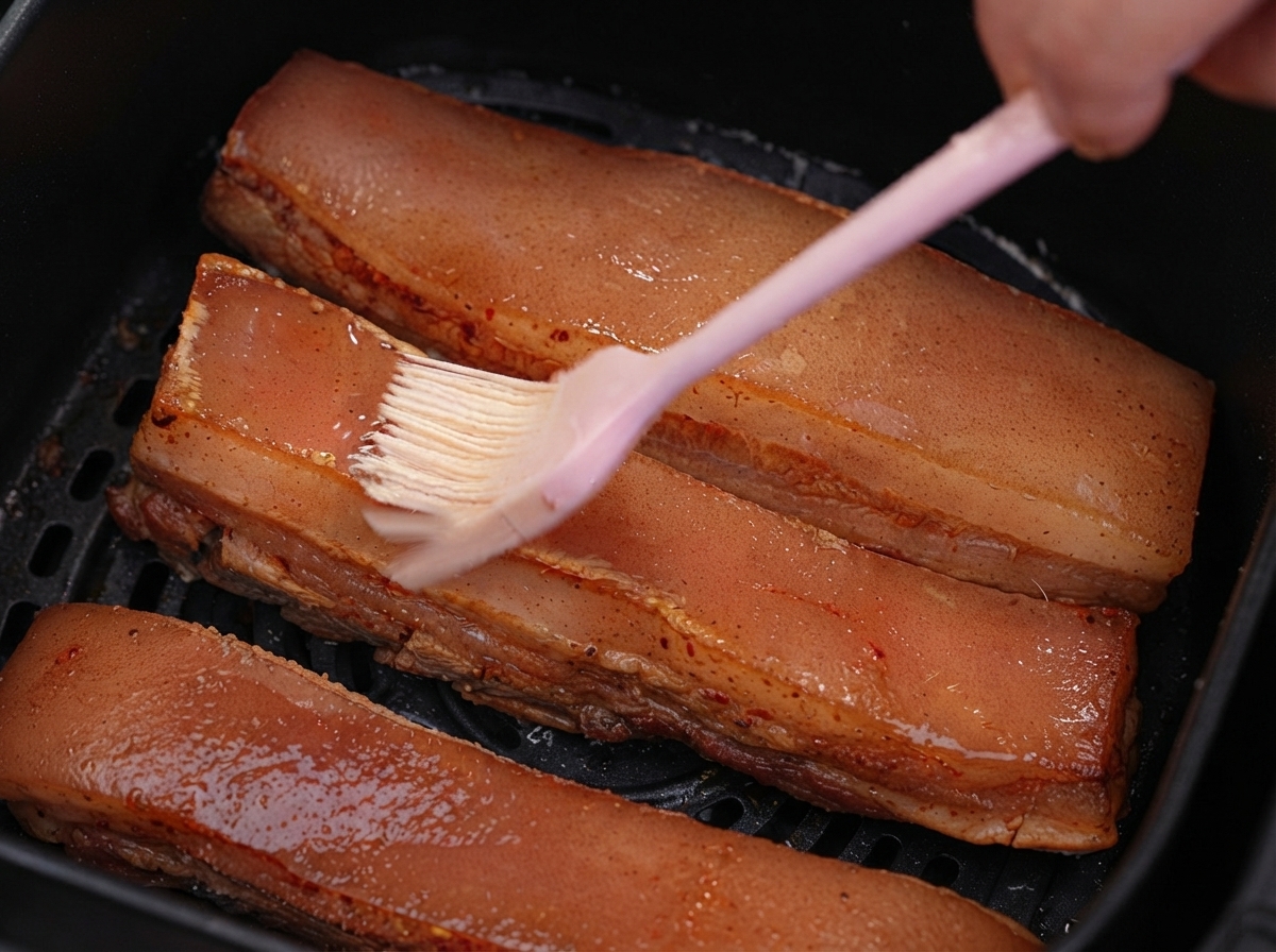 Du vinaigre blanc appliqué au pinceau sur la peau de porc exposée après avoir retiré le papier daluminium à lintérieur du panier de lair fryer.