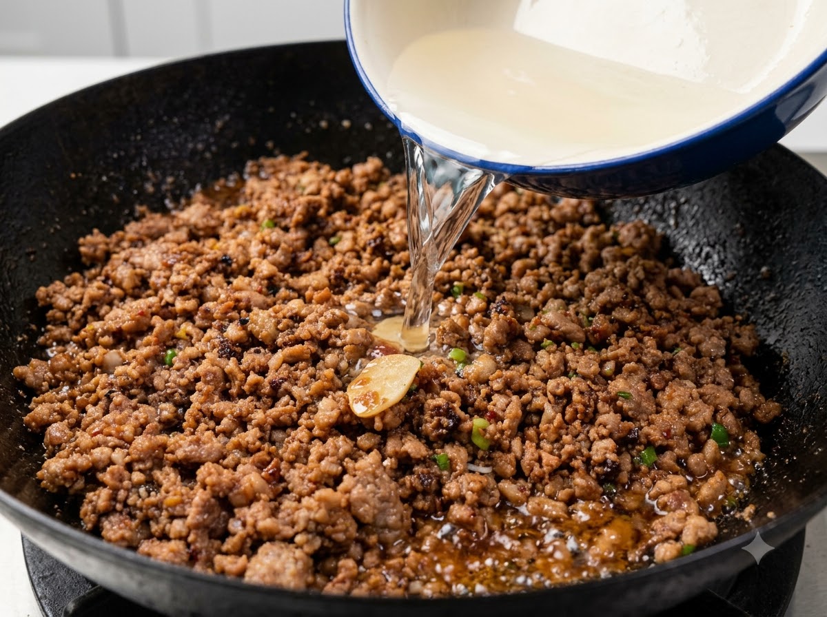 De leau claire versée dun bol blanc dans un wok rempli de viande hachée cuite et assaisonnée.