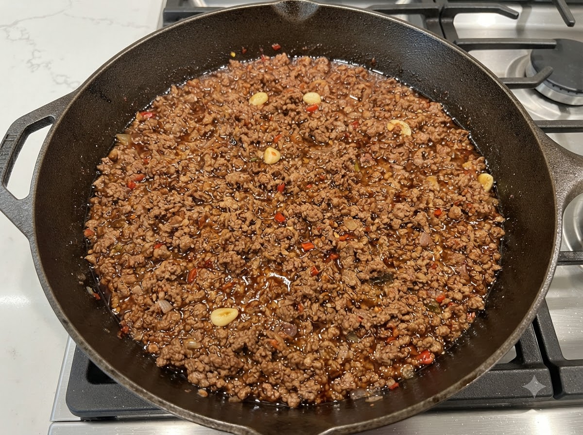 Remuer la riche sauce à la viande brune avec une louche en métal dans une poêle en fonte.