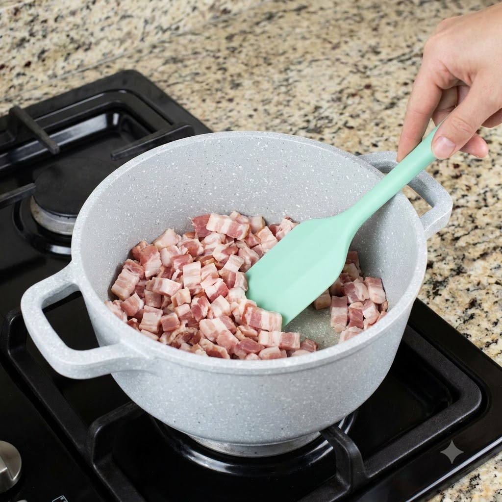 Des cubes de porc gras qui cuisent et libèrent leur graisse dans une casserole blanche sur un brûleur à gaz.