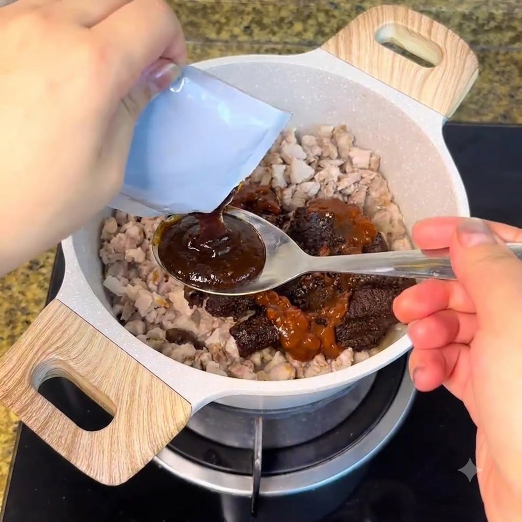 Des sachets de sauce et des condiments ajoutés à la viande cuite dans la casserole avec une cuillère.