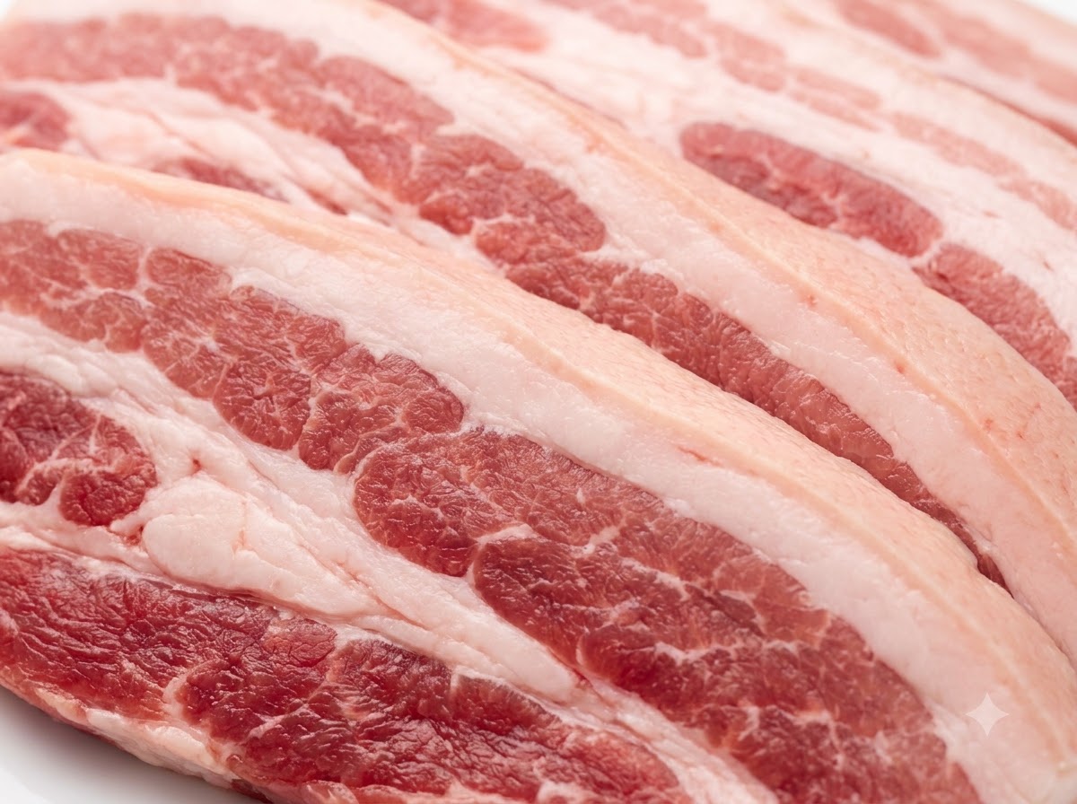 Lanières de poitrine de porc crues fraîches sur un plateau en métal perforées à plusieurs reprises avec une fourchette en métal.