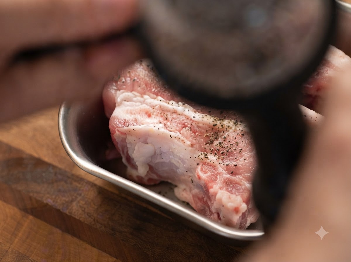 Mouture de poivre noir sur des lanières de poitrine de porc crues disposées proprement dans un plateau en métal.