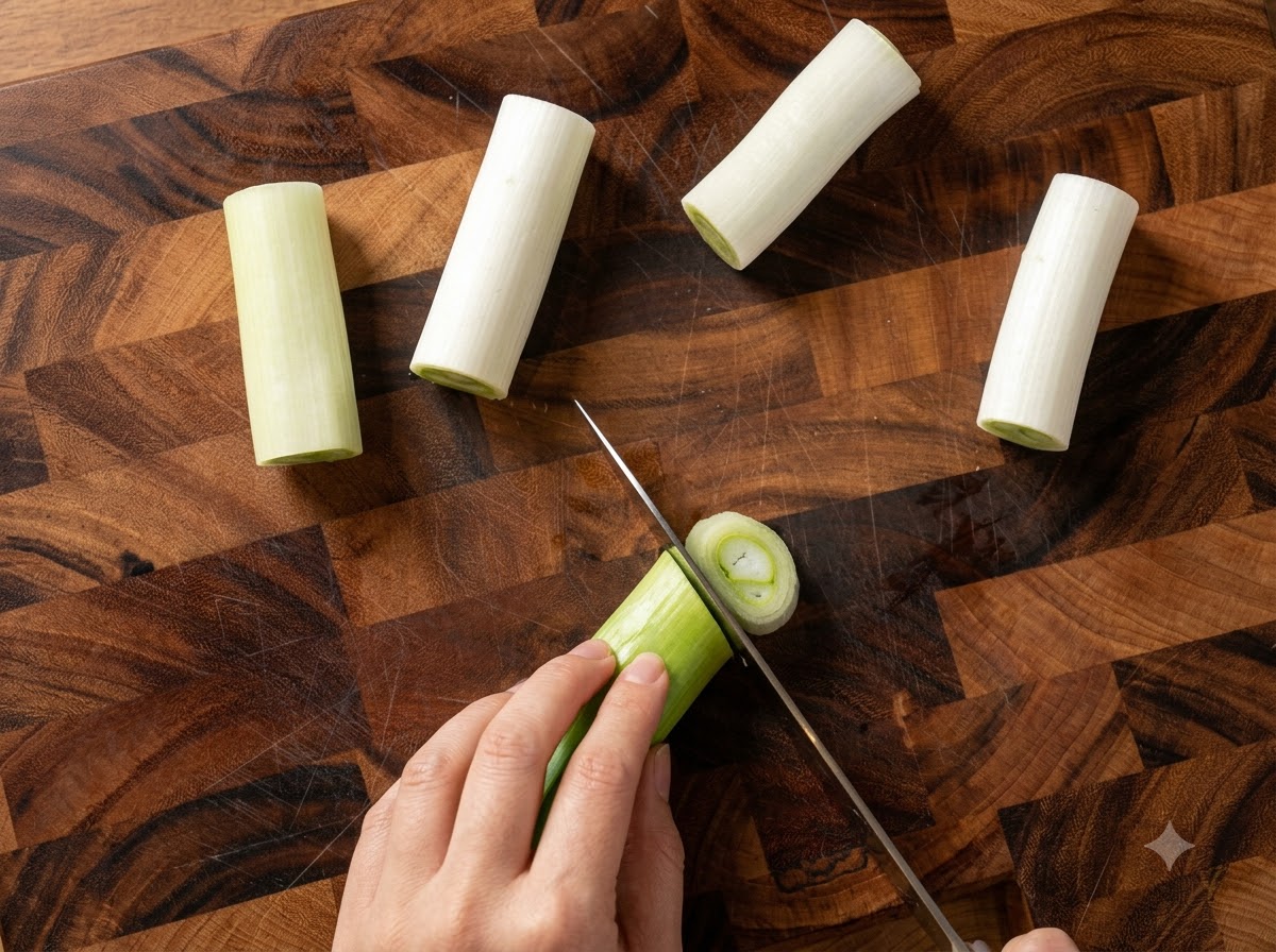 Un couteau de cuisine tranchant une tige doignon vert épaisse en morceaux cylindriques sur une planche à découper en bois.