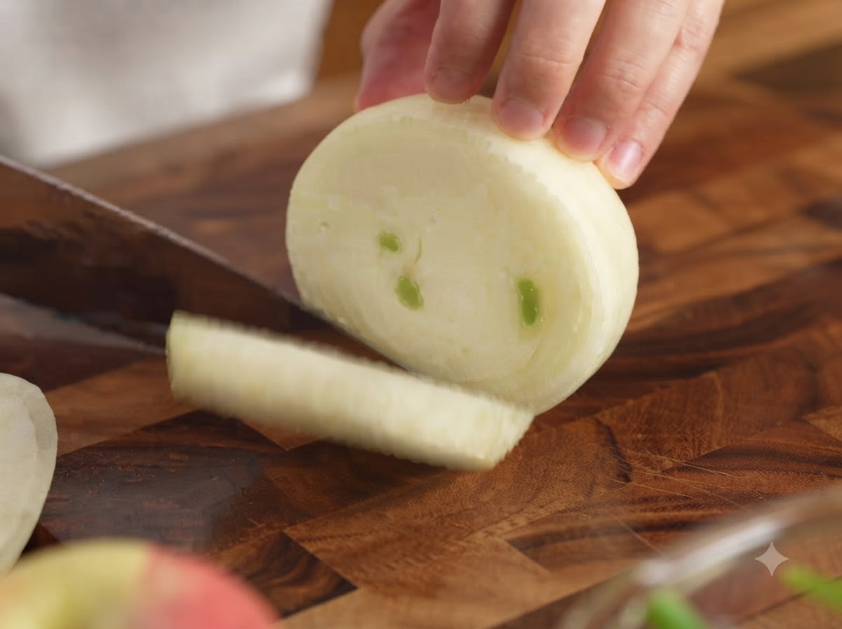 Un couteau de chef tranchant un oignon blanc entier en rondelles épaisses et régulières sur une planche en bois.