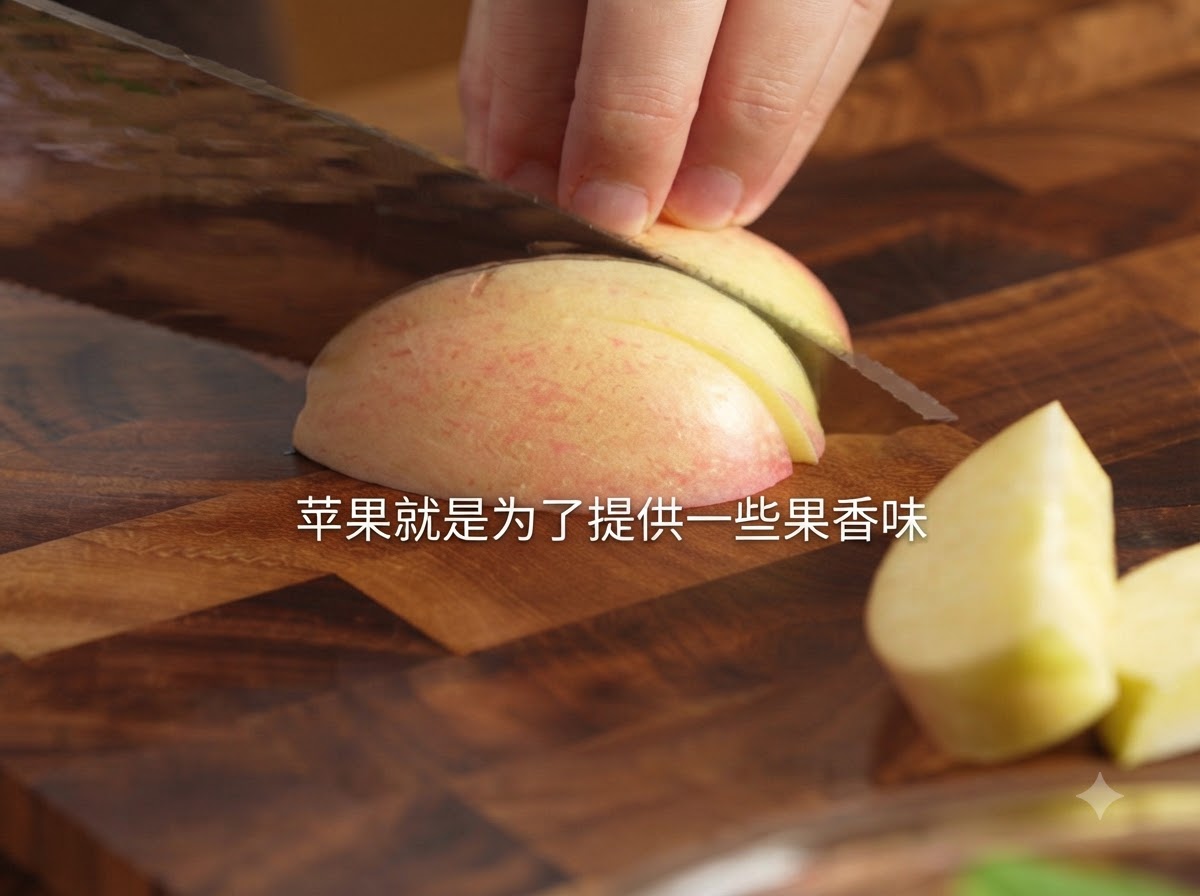 Un couteau coupant une pomme fraîche en quartiers nets sur une planche à découper en bois avec du texte descriptif en superposition.