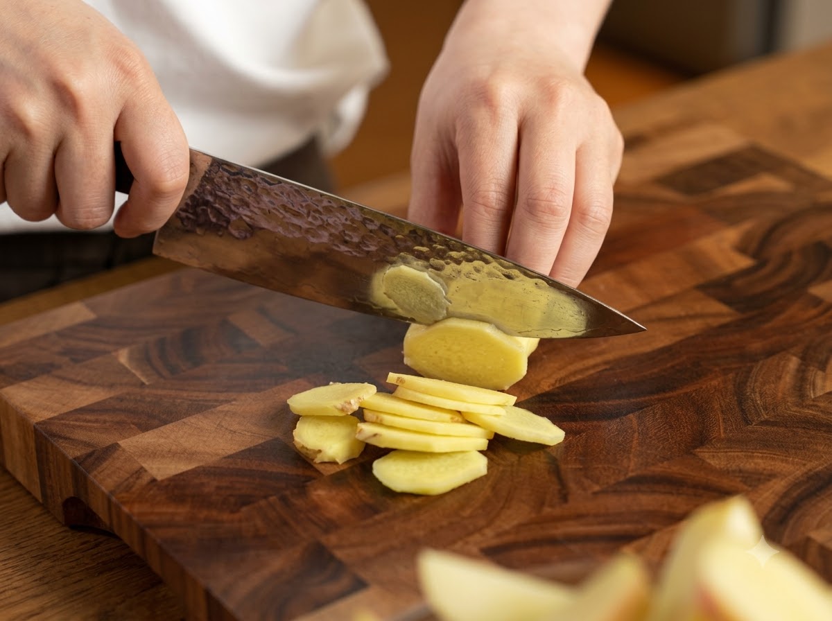 Une main tenant un couteau pour trancher de la racine de gingembre fraîche en fines rondelles sur une planche à découper en bois.