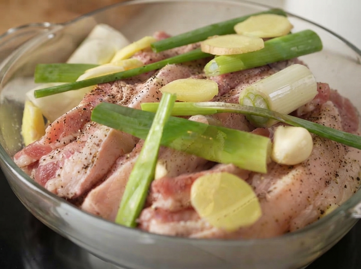 Gros plan de lanières de poitrine de porc crues garnies de sections doignons verts, de rondelles de gingembre et de gousses dail épluchées.