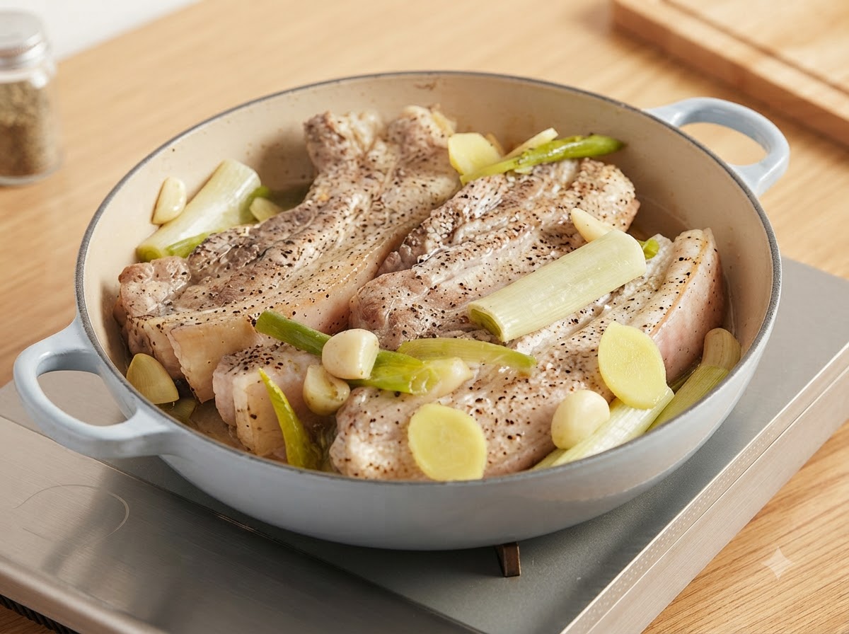Des pinces retournant des tranches de poitrine de porc partiellement cuites à lintérieur dune cocotte remplie de jus de légumes bouillonnants.