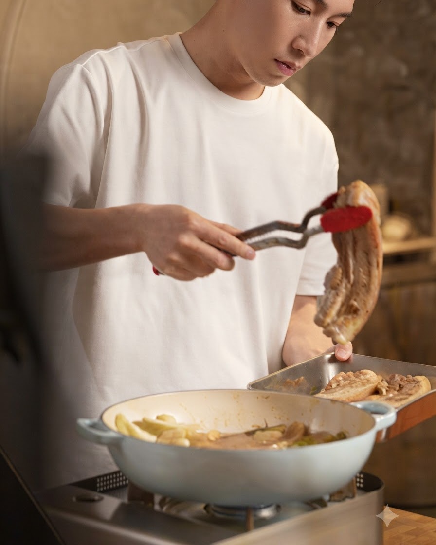 Une personne utilisant des pinces pour retirer les morceaux de légumes cuits de la cocotte vers un plateau latéral.