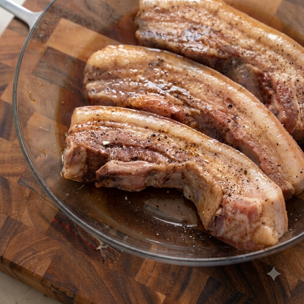 Lanières de poitrine de porc assaisonnées de poivre noir reposant dans un bol en verre transparent.