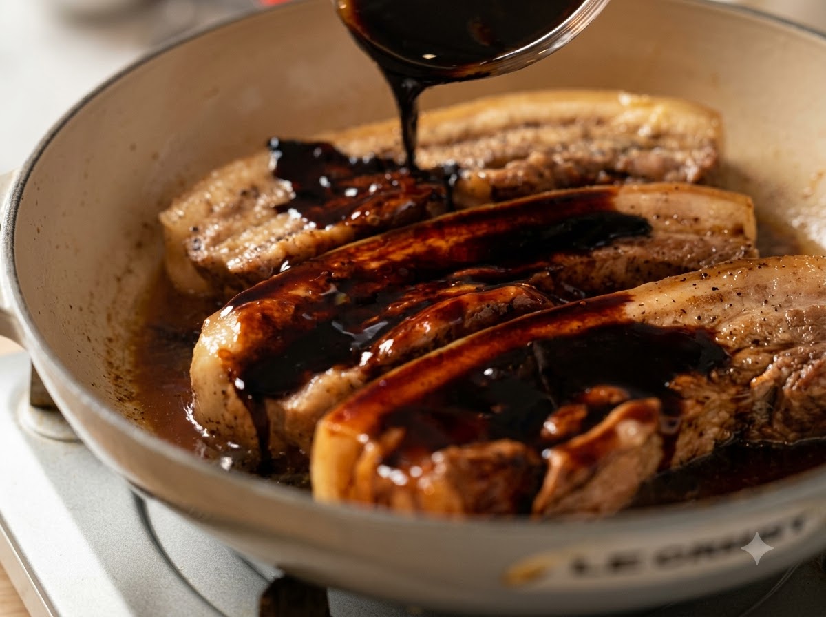 De la sauce noire versée à partir dune cuillère sur des lanières de poitrine de porc cuisant dans une cocotte.