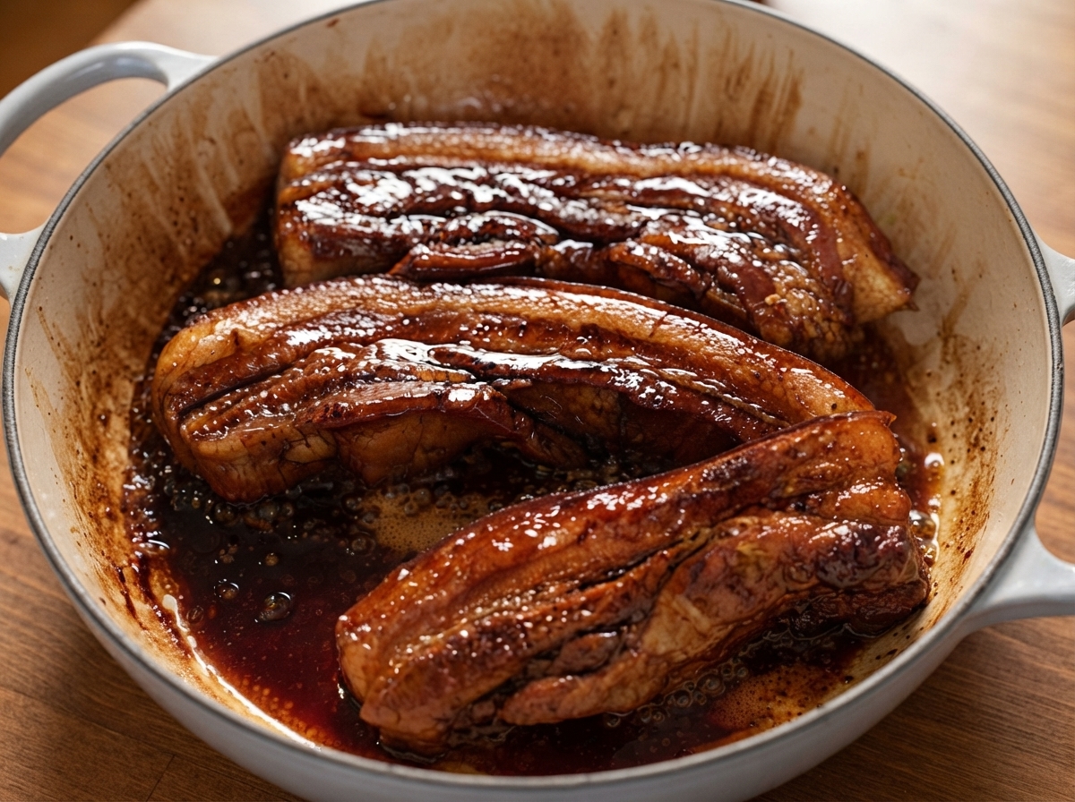 Lanières de poitrine de porc tournées dans un glaçage noir en réduction à lintérieur dune cocotte.