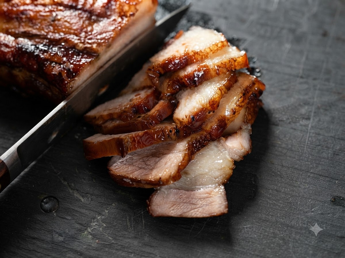 Poitrine de porc cuite coupée en fines lanières sur une planche à découper sombre avec un couteau.
