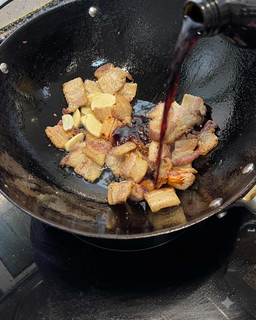Sauce soja versée à partir dune bouteille sur la poitrine de porc et lail dans un wok.