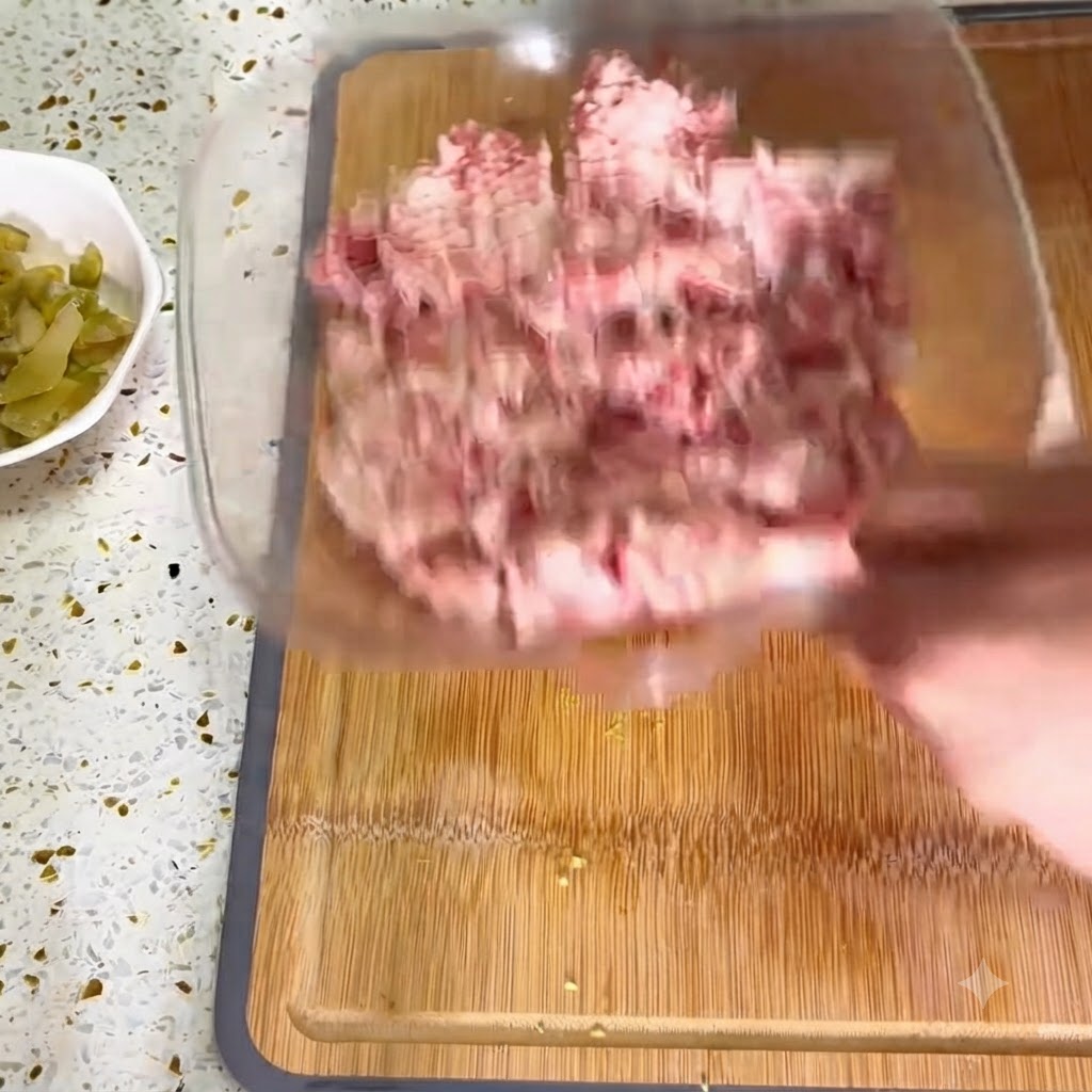Du gingembre finement haché ajouté dans un bol en verre transparent rempli de viande hachée sur une planche à découper en bois.