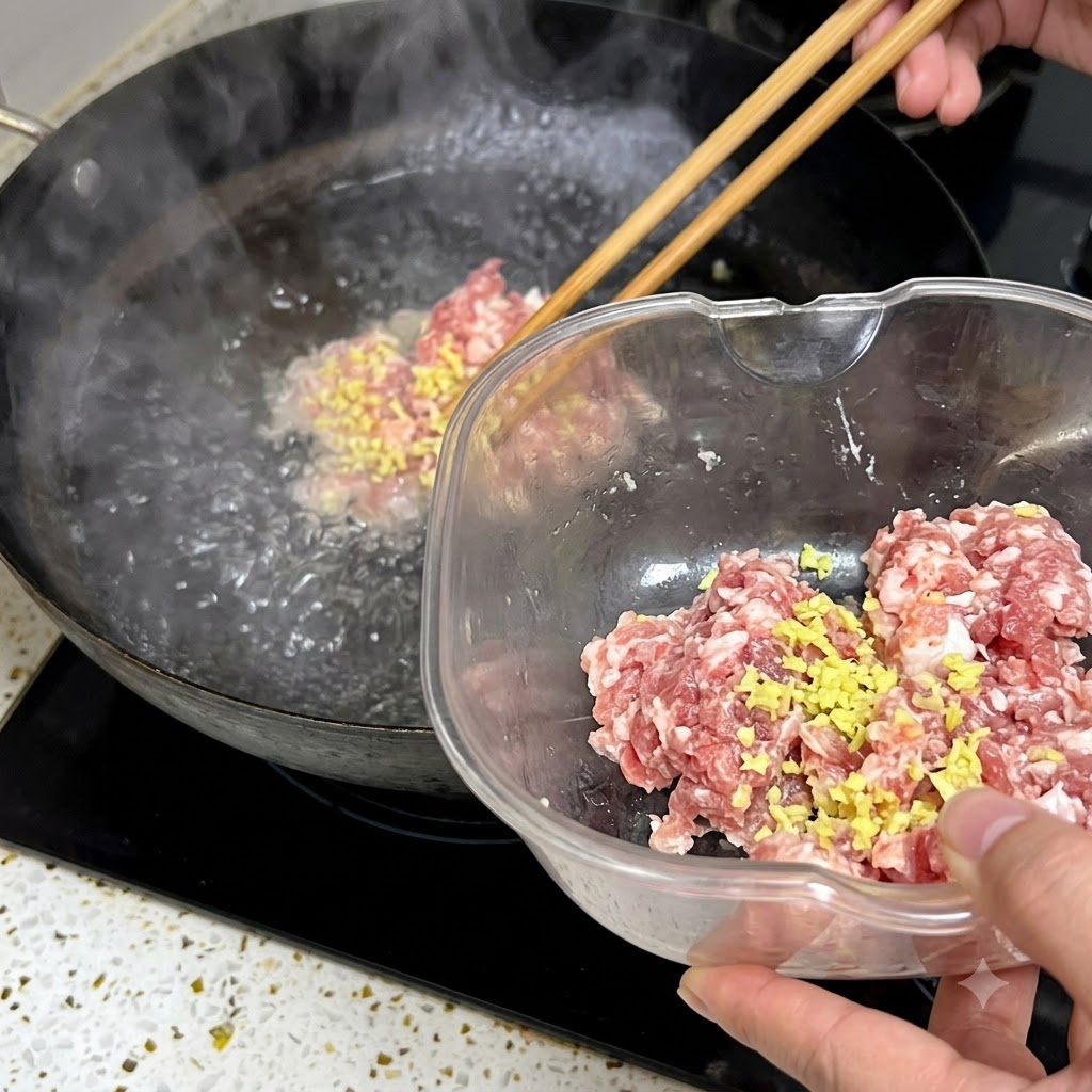 De la viande hachée au gingembre ajoutée dans de leau bouillante dans un wok noir à laide de baguettes en bois.
