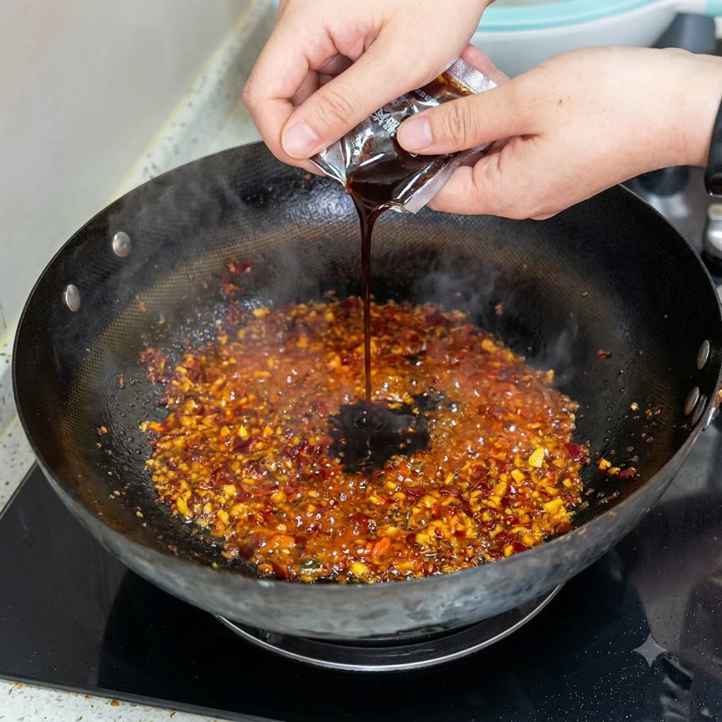 De la sauce de haricots doux versée dun sachet dans un mélange de piment et dhuile grésillant dans un wok noir.