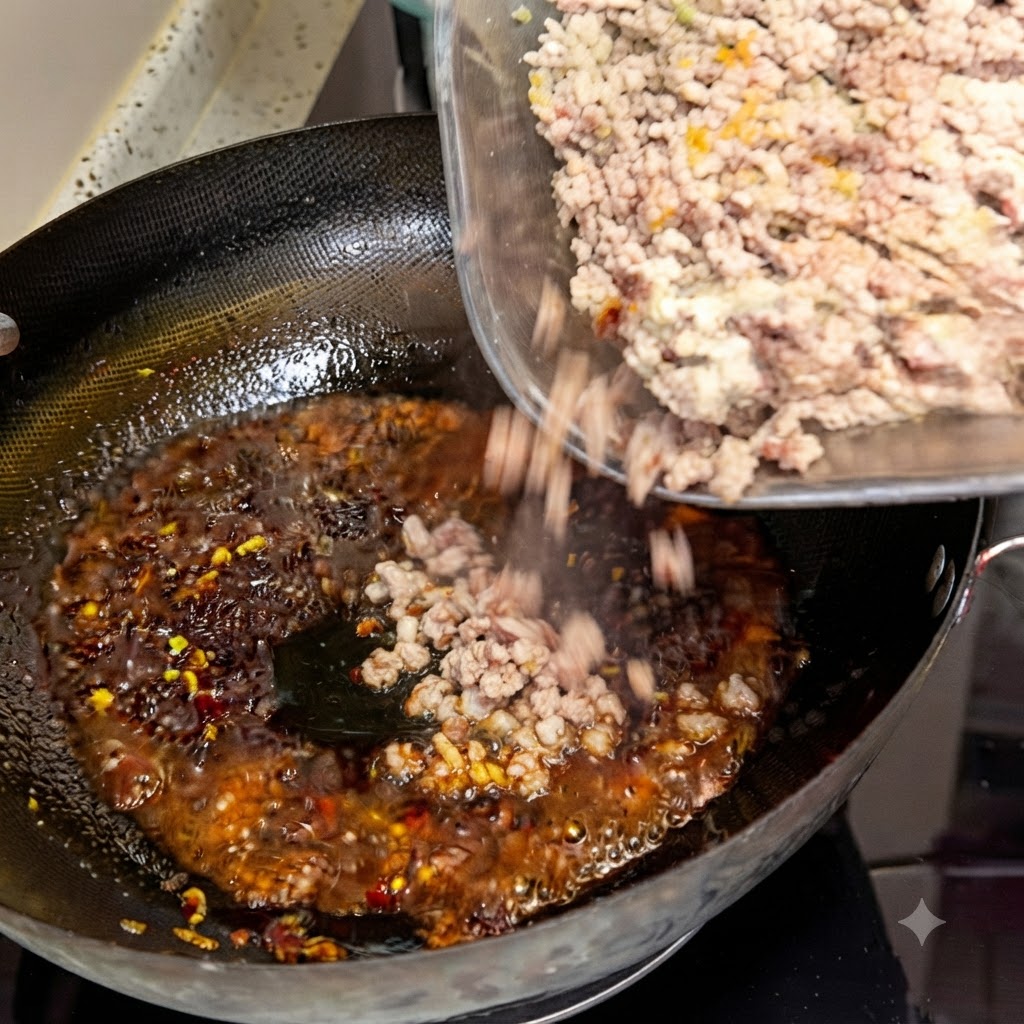 De la viande hachée blanchie versée dun bol en verre dans un wok rempli dhuile assaisonnée rouge.