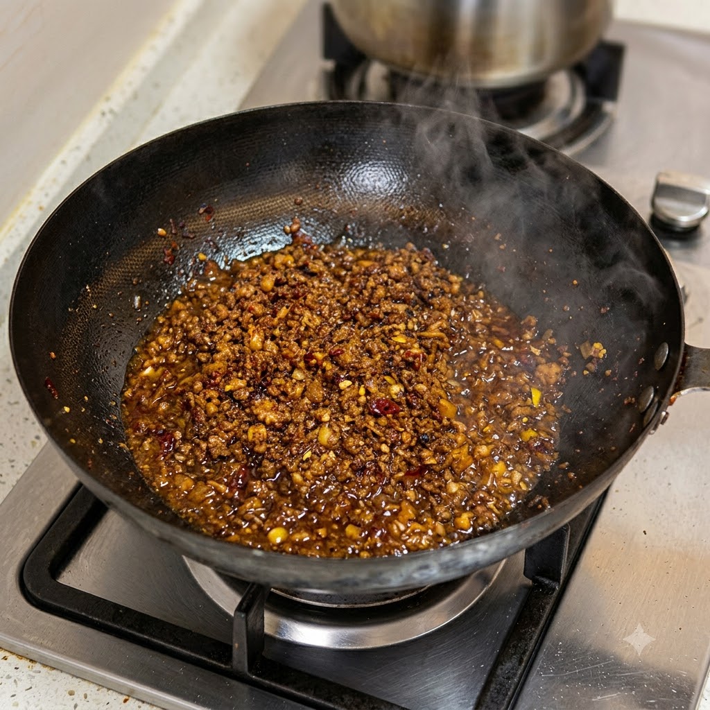 De la viande hachée sautant dans un wok avec de la vapeur visible sélevant de la surface chaude.
