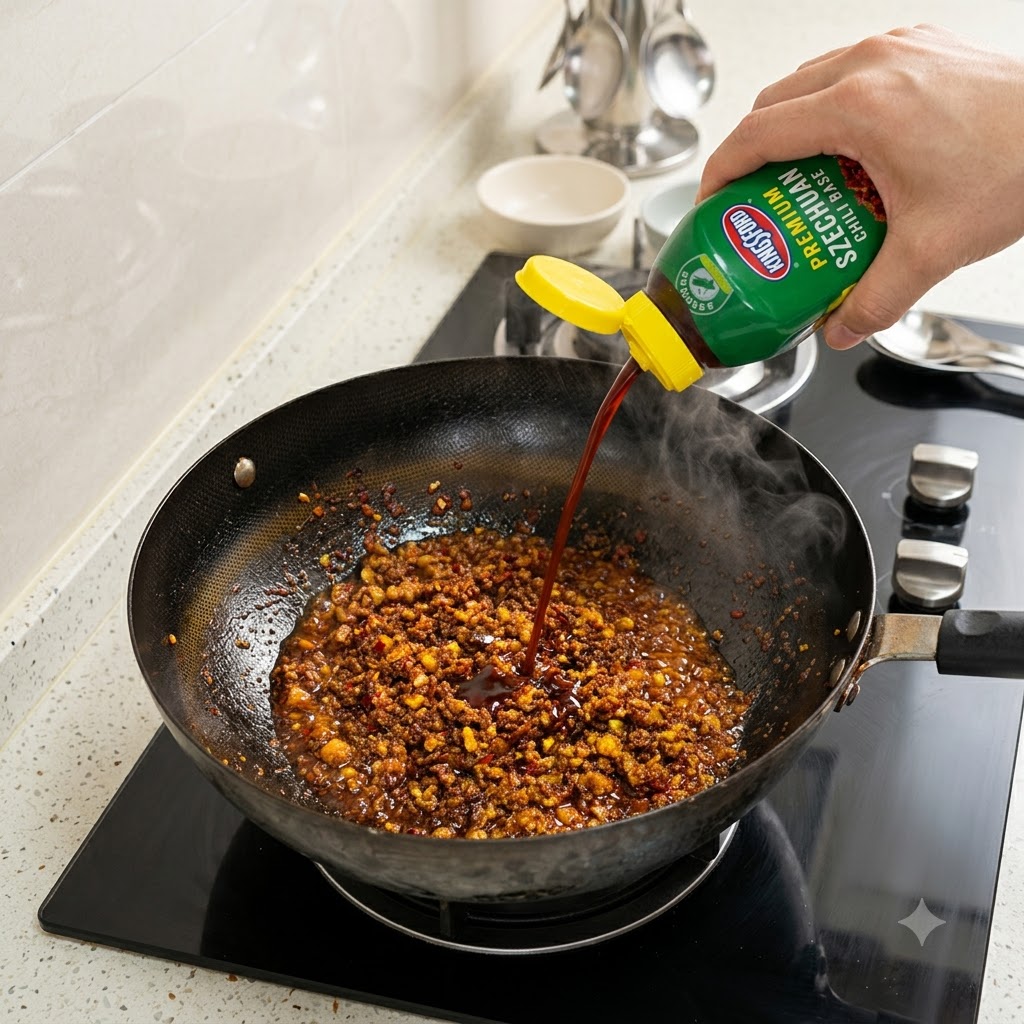De la sauce soja noire versée dune bouteille souple verte dans un wok contenant la sauce de viande en train de sauter.
