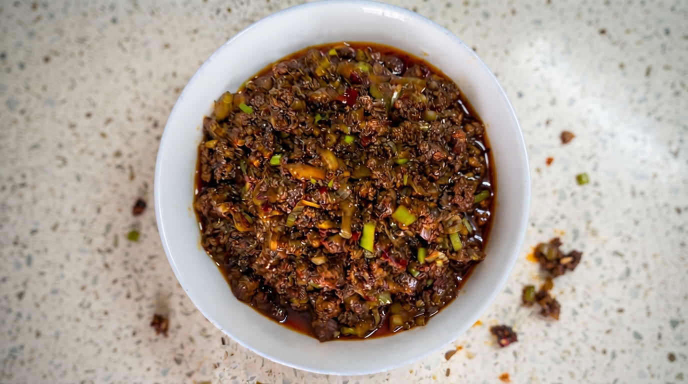 Une riche sauce de viande brun foncé brillante à lhuile pimentée et garnie doignons verts