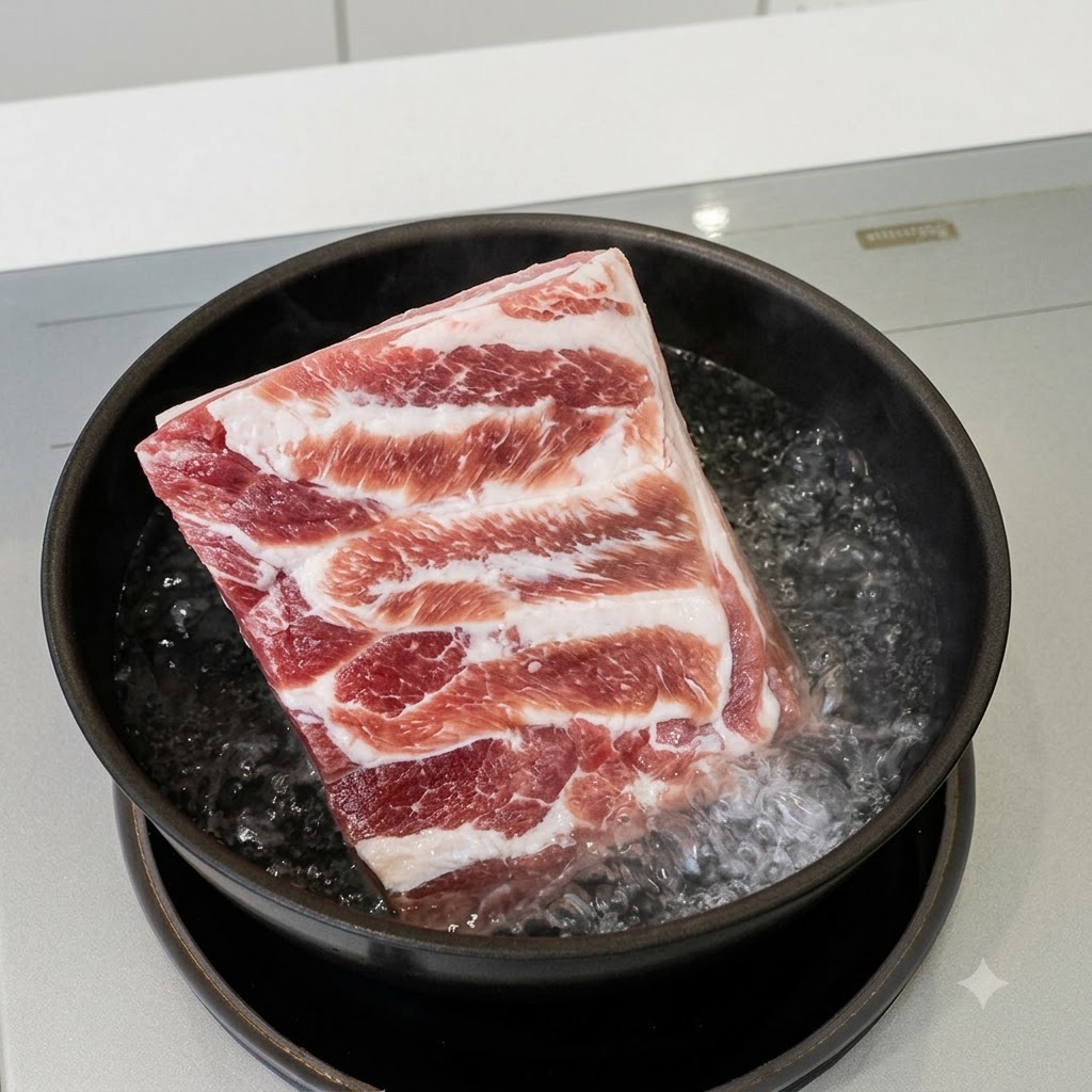 Un morceau rectangulaire de poitrine de porc cru bouillant dans une casserole noire peu profonde remplie deau frémissante.
