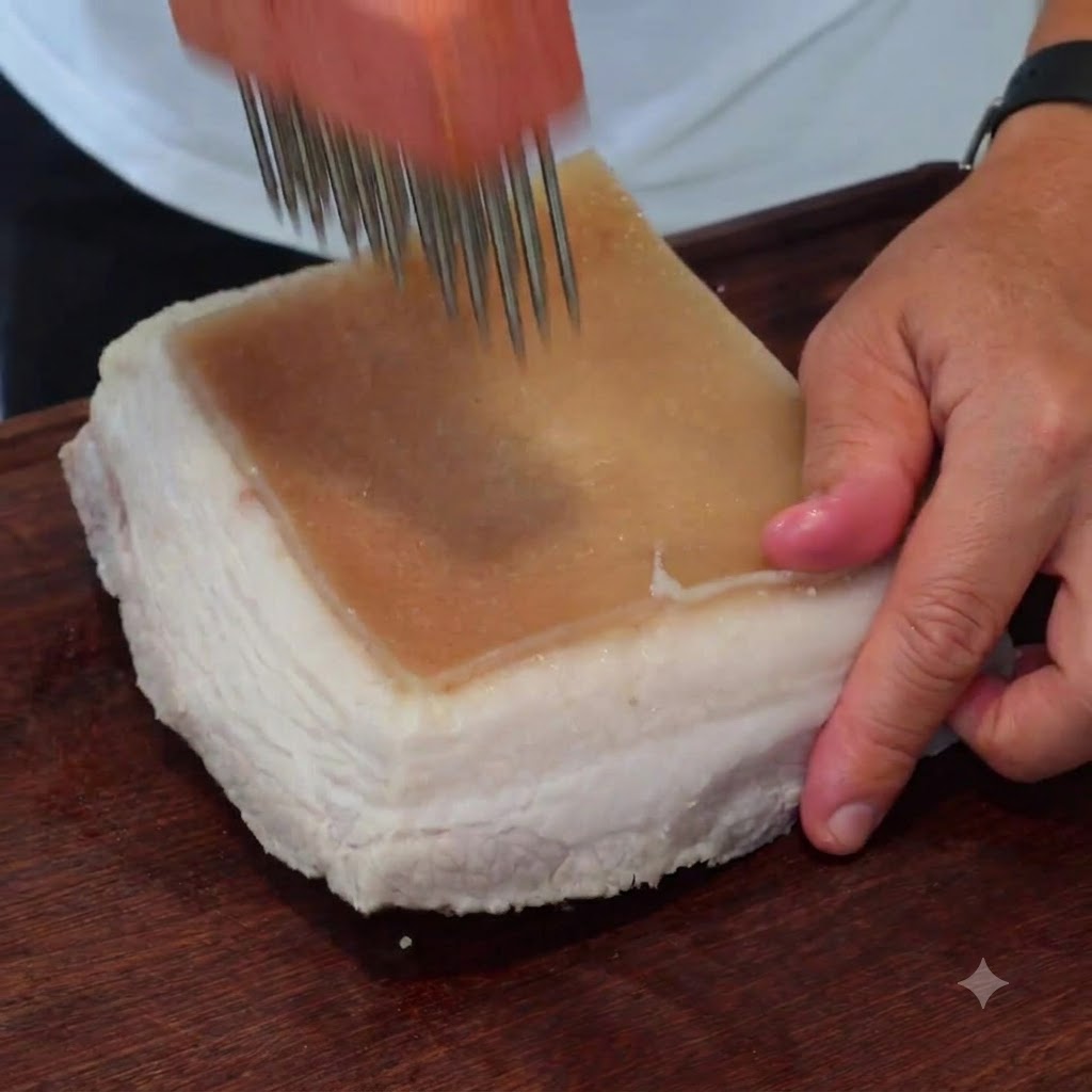 Une personne tenant un pique-viande à manche en bois, poignardant à plusieurs reprises la couche de peau dure dun morceau de poitrine de porc.