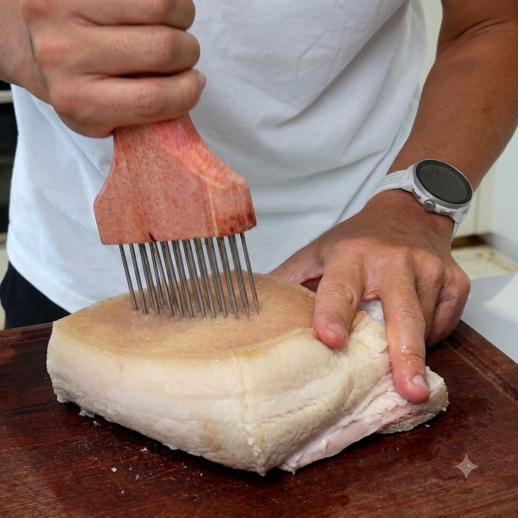 Mains tenant un pique-viande au-dessus dun bloc de poitrine de porc retourné sur une surface en bois.
