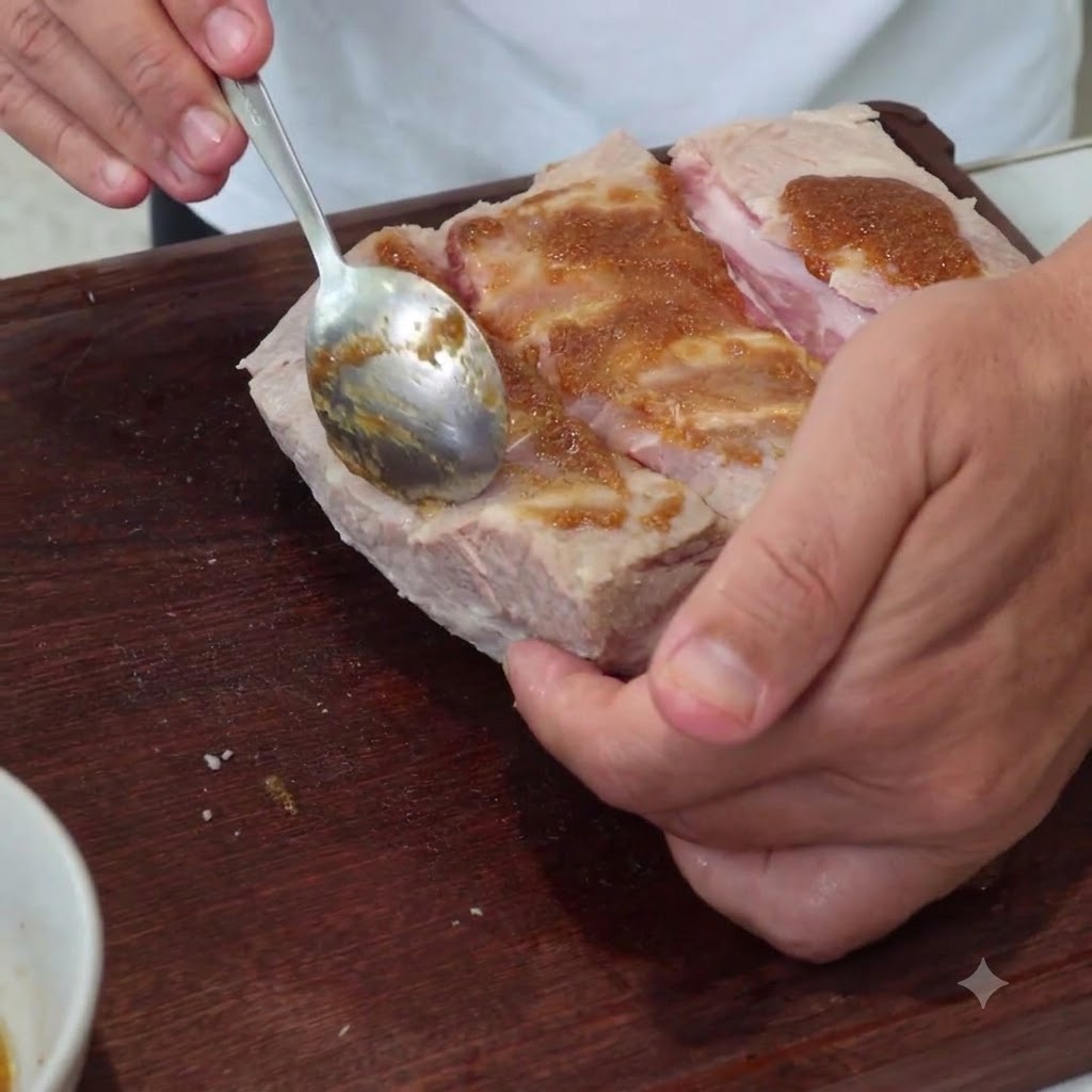Une cuillère étalant une pâte dassaisonnement brune sur la surface incisée dun morceau de poitrine de porc.