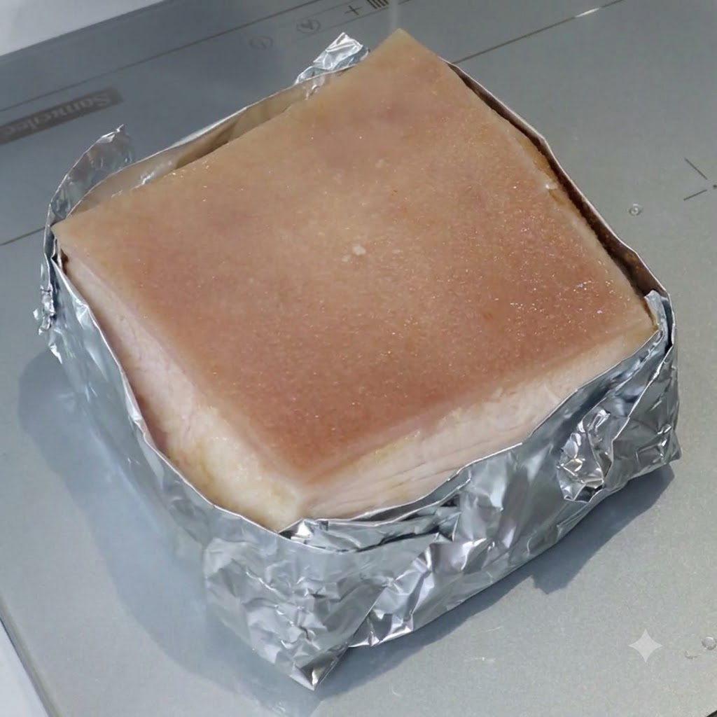 Un bloc carré de poitrine de porc enveloppé de papier aluminium dont la peau supérieure est badigeonnée dun mélange liquide.