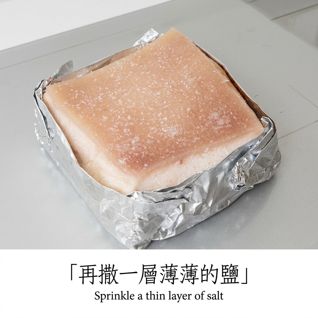 Gros plan sur un morceau carré de peau de porc enveloppé de papier aluminium, recouvert uniformément dune fine couche de gros sel.