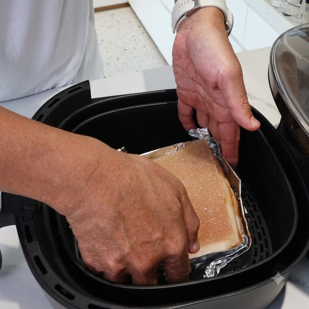 Mains plaçant un bloc de poitrine de porc enveloppé de papier aluminium dans le panier dun air fryer noir.