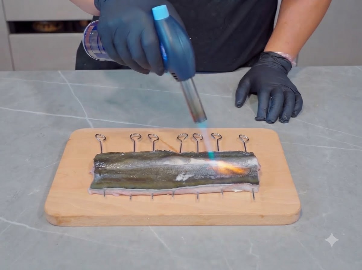 Un chalumeau de cuisine appliqué sur la surface dun filet danguille nettoyé posé sur une planche à découper en bois.