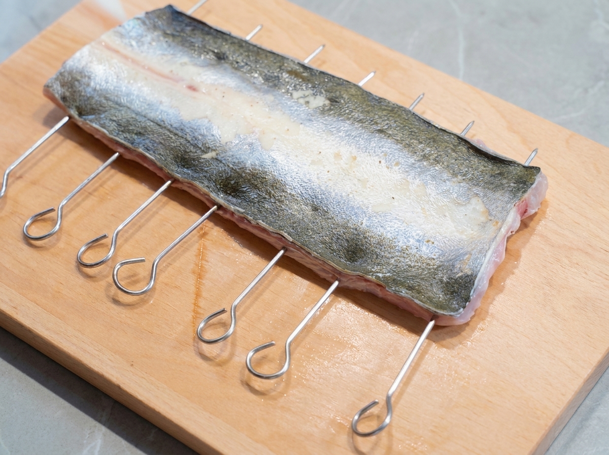 Des ciseaux coupant les nageoires sur le côté dun filet danguille préparé sur une planche à découper en bois.